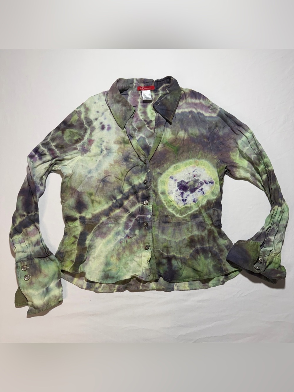 Anne Klein Green and Purple Tie-Dye Button Down Shirt